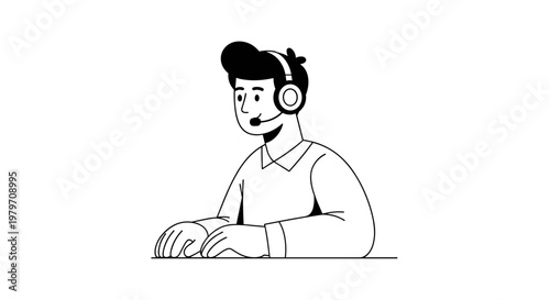 Friendly male call center agent wearing headset with microphone, seated at desk with hands on keyboard, wearing collared shirt, simple clean line art, black and white minimal