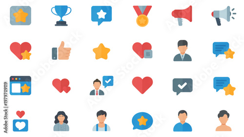 Colorful set of icons representing various social media activities and interactions Vector
