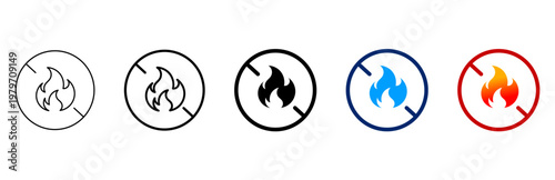 No Fire Zone: A series of vibrant icons, each featuring a flame emblem within a circle crossed with a diagonal line, clearly communicating no fire restrictions and safety measures.