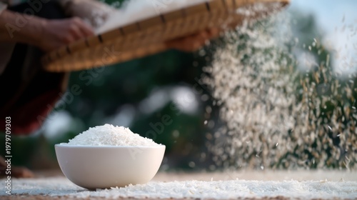 A woman's winnowing rice by tossing it.