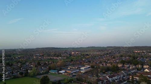 Urban Drone Flight Above Streets of British City and Town of England Great Britain. Drone Mounted Wide Angle Camera Footage Was Captured During Cold Day of 8th April, 2026. 