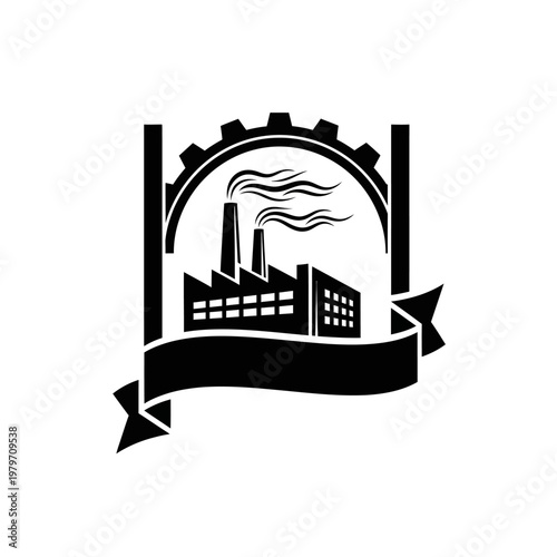 Industrial Factory Building with Smoking Chimneys and Gear Emblem.