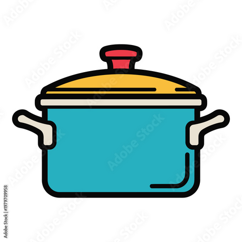 Teal pot with yellow lid and red knob on top isolated on white background icon