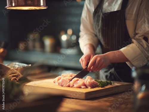 Over shoulder view of chef working kitchen counter preparing food chopping raw chicken into piece board sharp knife professional kitchen setting camera behind subject no face visible warm lighting