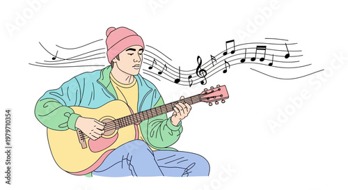Man playing acoustic guitar sitting down.