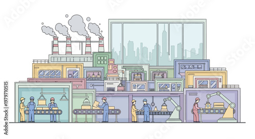 Industrial Factory Interior with Workers.