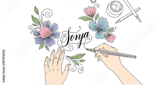 Hand Holding Pencil Drawing Flowers.