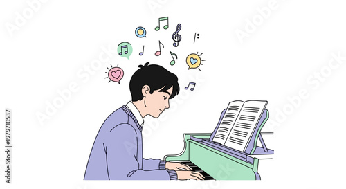 Young man playing piano music.