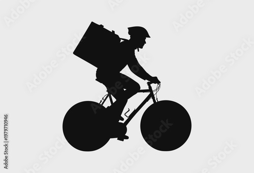 A silhouette of a courier riding a bicycle to deliver packages in a modern urban environment.