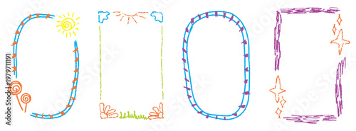 Minimal childish doodle frames with soft colors and rough pencil texture. Crayon kindergarten frame set for baby photos, diplomas and children design.