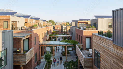 Contemporary Townhouse Courtyard in Salt Lake City With Solar Equipped Roof Terraces and Sheltered Pedestrian Paths, Urban Housing, Sustainable Residential Architecture