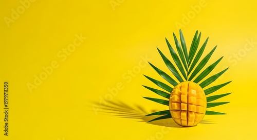 Scored mango half resting against a green palm leaf with hard shadows on a bright yellow background