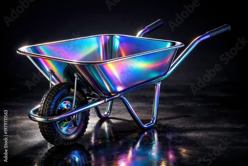 Shiny metallic wheelbarrow with colorful reflections on dark background