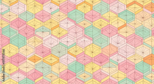Hexagons create a soft-toned mosaic pattern featuring delicate line work and pastel color gradients.