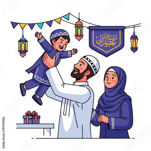 Happy Muslim Family Celebrating Festival.