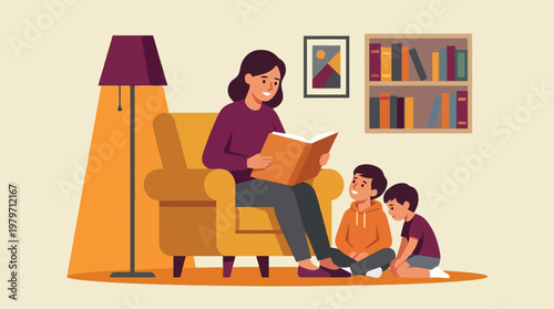 Mother Reading Book with two Children in Living Room