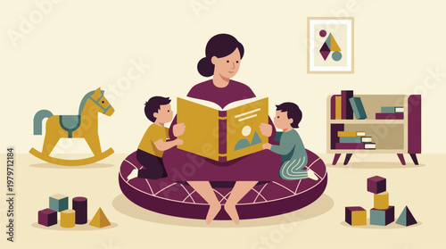 Mother reading book with two children on round rug in living room
