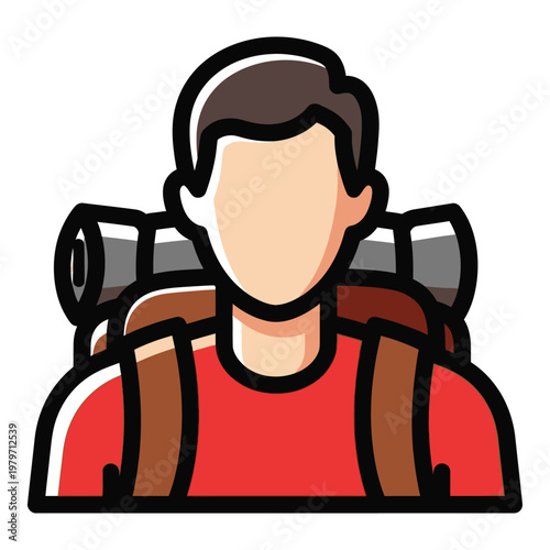 Man wearing red shirt and backpack with rolled mat  hiking and traveling concept icon