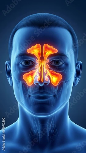 Nasal Sinuses Anatomy: Detailed medical illustration showcasing the nasal sinuses anatomy within a man's head, highlighting the frontal, ethmoid, maxillary, and sphenoid sinuses. 