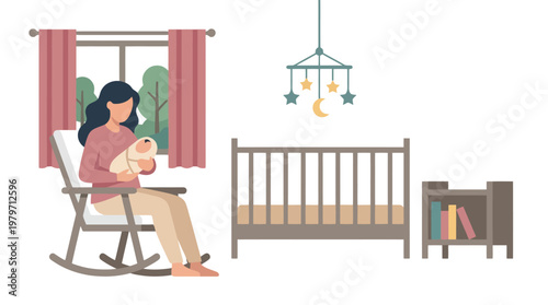 Mother nursing baby in nursery with crib and mobile