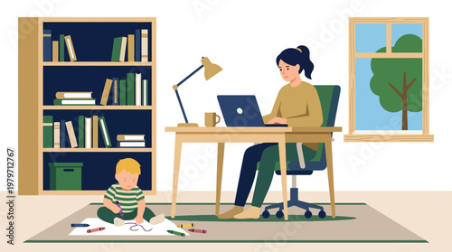 Mother working at desk while toddler draws on the rug