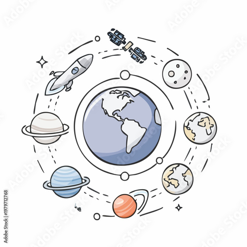 Planetary System Orbiting Earth With Rocket And Satellite.