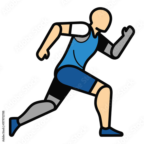 Man with prosthetic leg and arm running fast in blue athletic wear icon