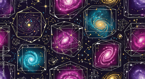 Galaxies trapped inside glowing crystalline cubes float in the deep darkness of space.