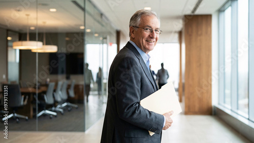 Older Corporate Consultant Walking Through Bright Executive Corridor With Folder In Hand, Approachable Smile, Contemporary Interior, Candid Office Documentary Scene