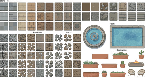 Stone tiles and pavement textures set, garden landscaping assets with fountain pool and outdoor decorations, top view game floor patterns on transparent background