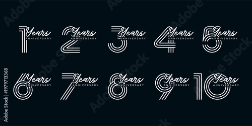 Set of vector logo designs for 1st to 10th anniversary, in white color for celebrations, weddings and birthday