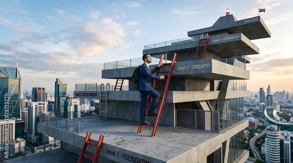 Naklejka premium A businessman in a blue suit climbs a red ladder on the rooftop of a modern multi-level building with a cityscape in the background at sunset