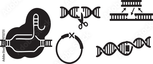 CRISPR gene editing silhouettes set featuring DNA strand modification Cas9 protein complex scissors cutting double helix and targeted genome engineering