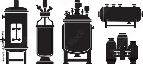 Bioreactor Tanks Silhouette Set; Biotechnology Fermentation and Lab Processing Icons