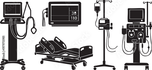 Hospital ICU and Medical Equipment Vector Silhouette Set - Intensive Care Unit Icons