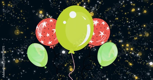 Animation of balloons floating over black background with dots