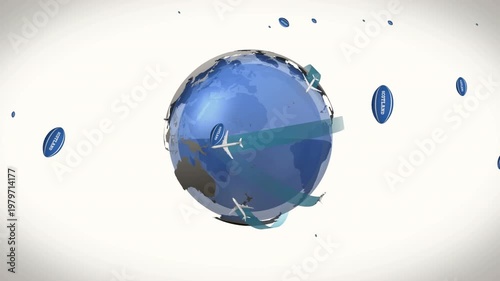 Animation of rugby balls with scotland text over globe on white background