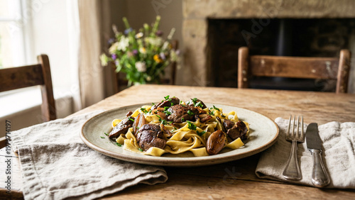 Handmade Pasta Ribbons With Pan Fried Chicken Liver, Shallots And Parsley In Rustic Farmhouse Dining Room, Matte Pottery Plate, Natural Afternoon Light, Country Lunch
