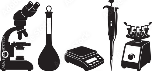Laboratory equipment silhouettes set featuring microscope, pipette, digital scale, centrifuge, and flask for scientific research and medical testing