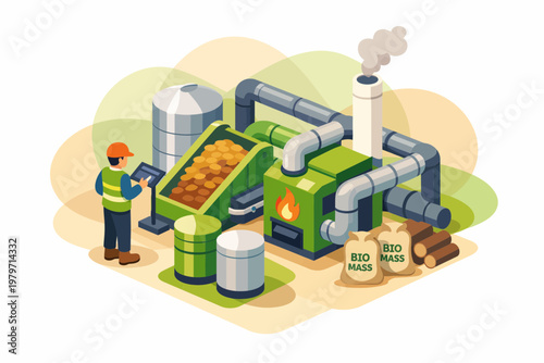 Isometric Biomass Energy Plant with Worker and Industrial Equipment