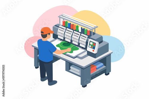 Isometric Industrial Embroidery Machine Operator Illustration