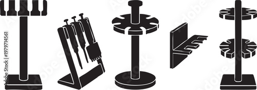 Micropipette Stands and Rack Set; Laboratory Pipette Holder Vector Silhouettes