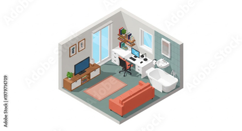 Isometric illustration of a modern living room and bathroom combined.
