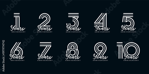 Set of vector logo designs for 1st to 10th anniversary, in white color for celebrations, weddings and birthday