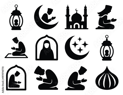 Islamic Prayer, Mosques, Moon, Stars, and Lanterns