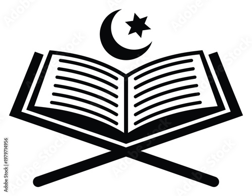 Islamic Symbol: Open Book with Crescent Moon and Star