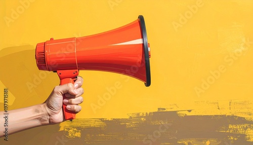 Hand holding red megaphone against bold yellow background