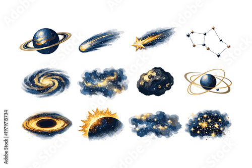 Collection of celestial bodies and cosmic phenomena in a watercolor style