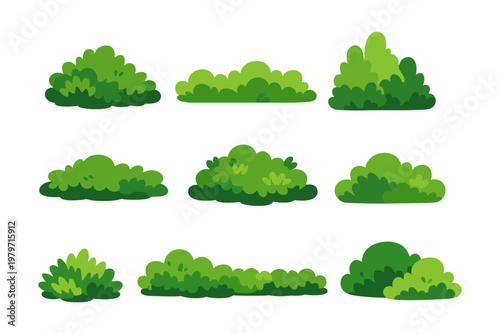 Collection of stylized green bushes and shrubs in various shapes and sizes
