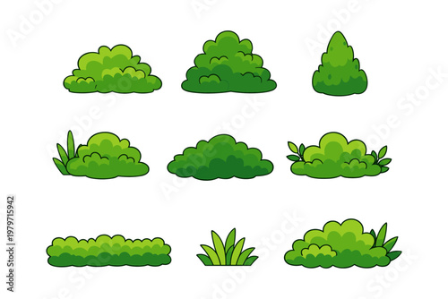 Collection of cartoon green bushes and shrubs for landscaping and game design